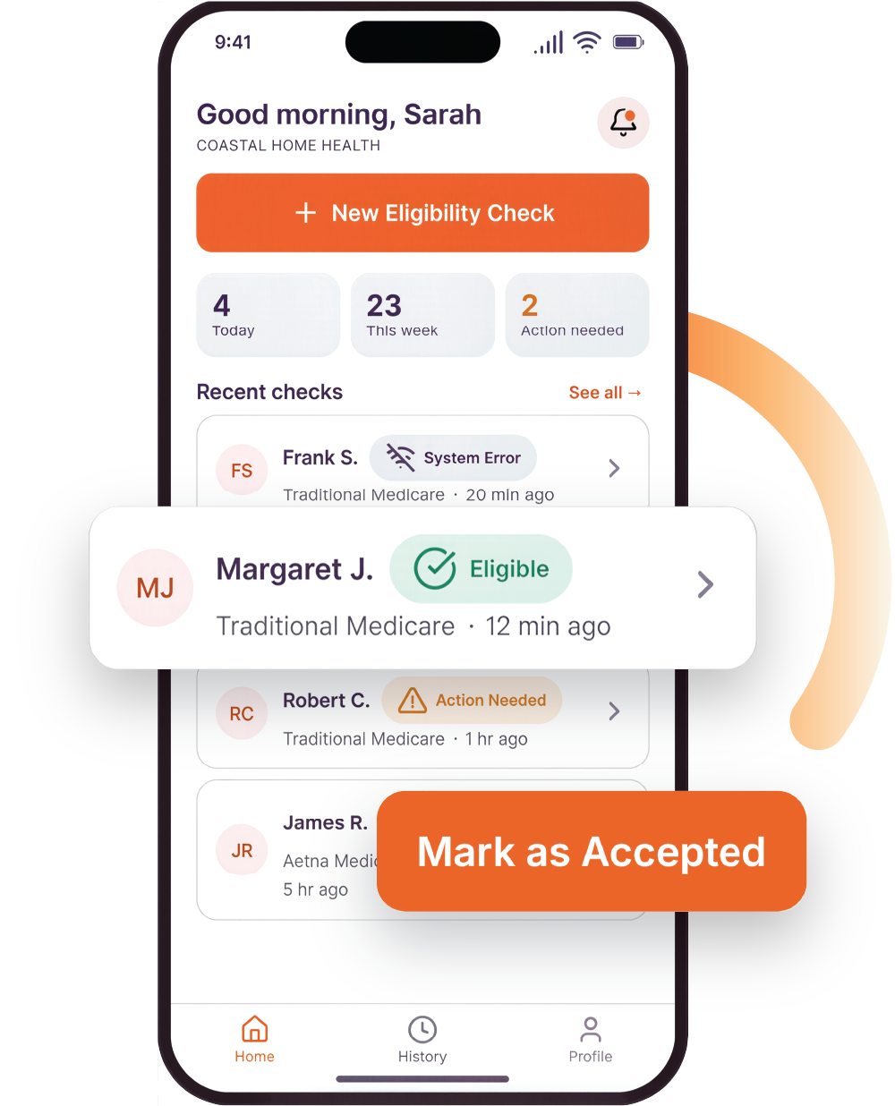 Verify mobile eligibility dashboard showing a clear Eligible result and Mark as Accepted action.